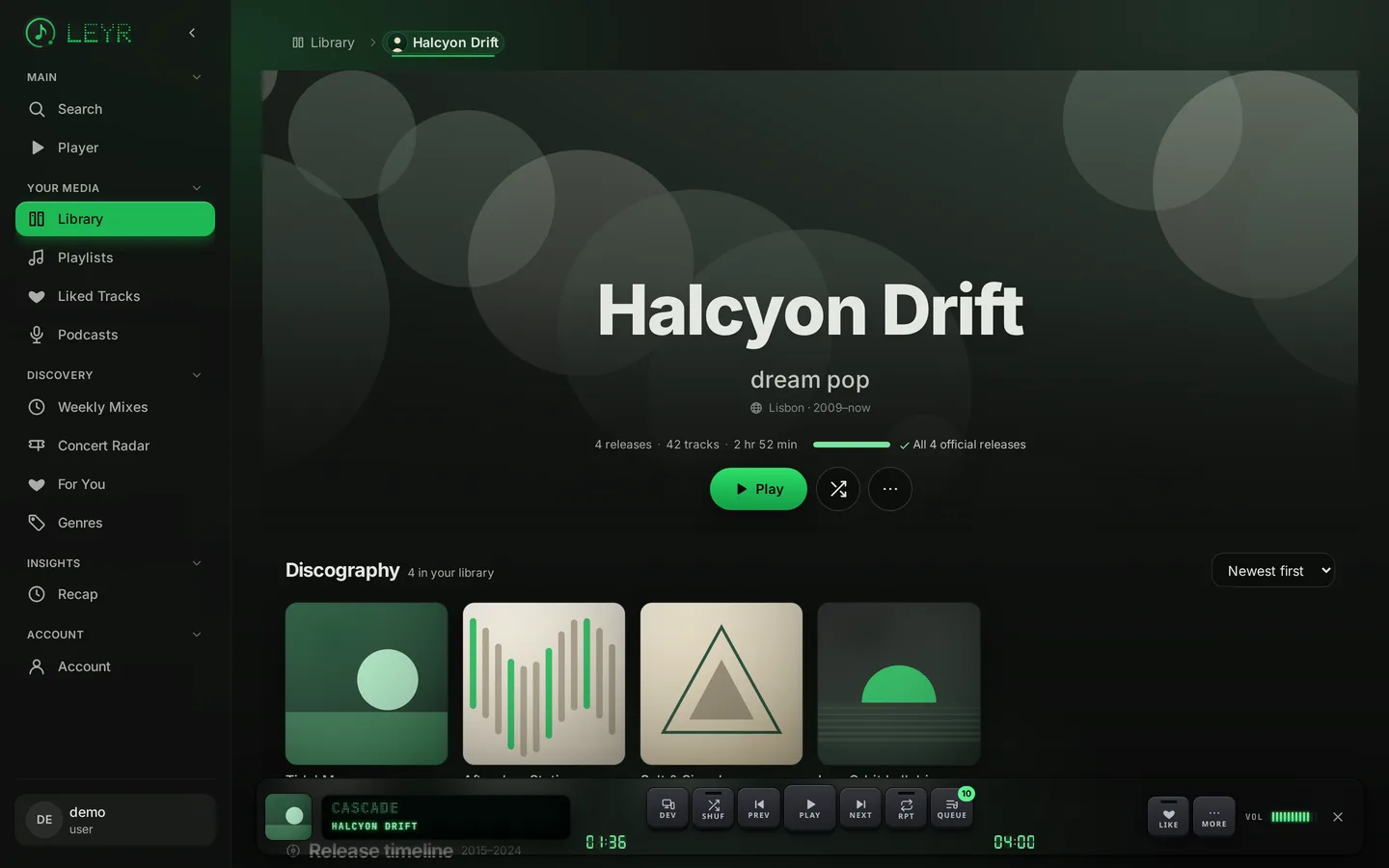 Leyr artist page with discography and timeline