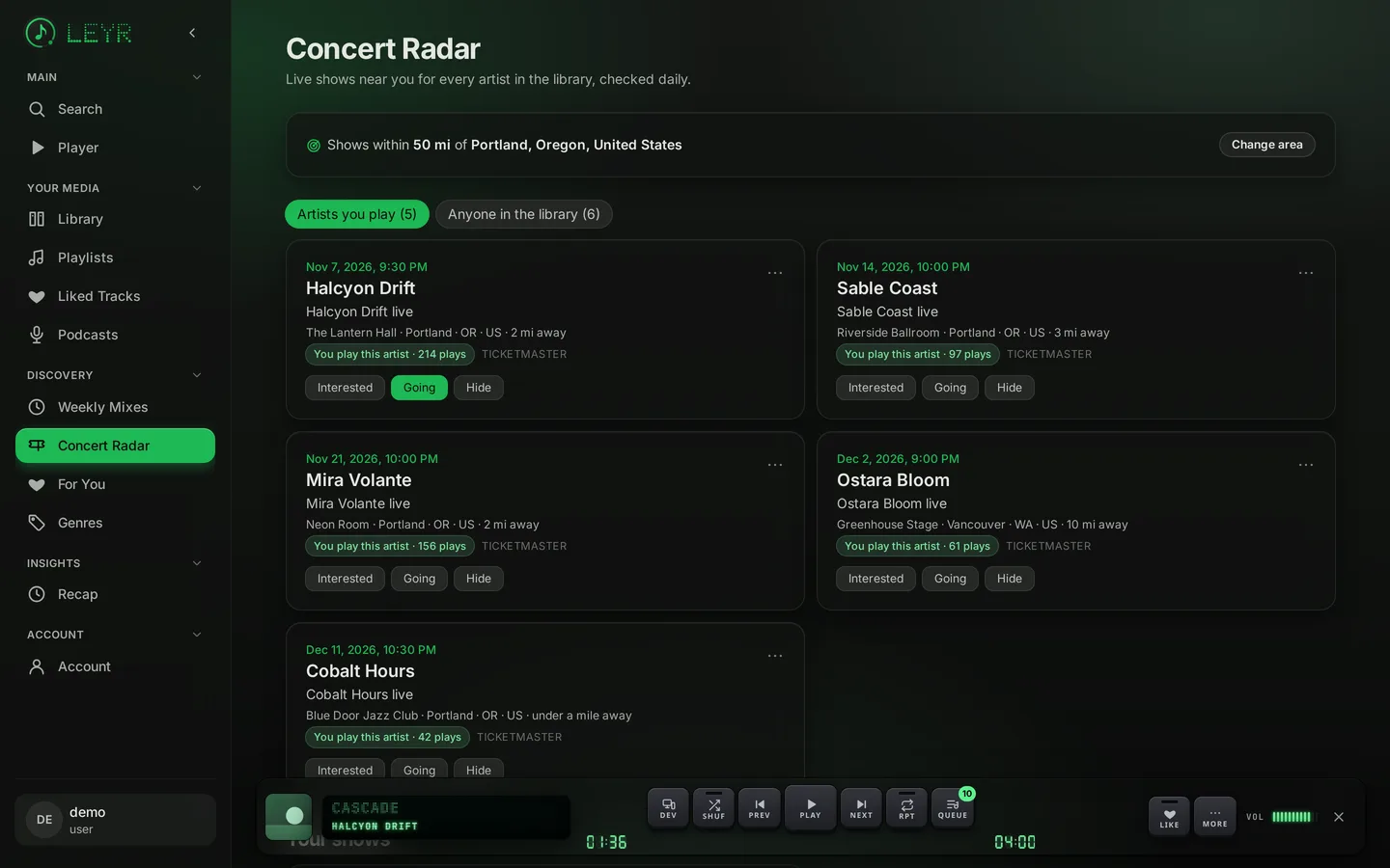 Leyr Concert Radar listing upcoming shows near you