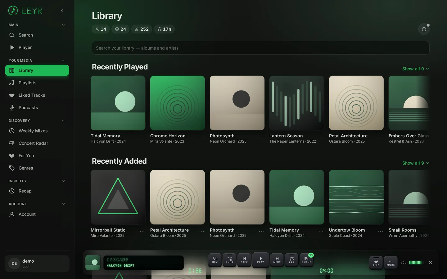 Leyr library home on desktop: recently played and recently added shelves