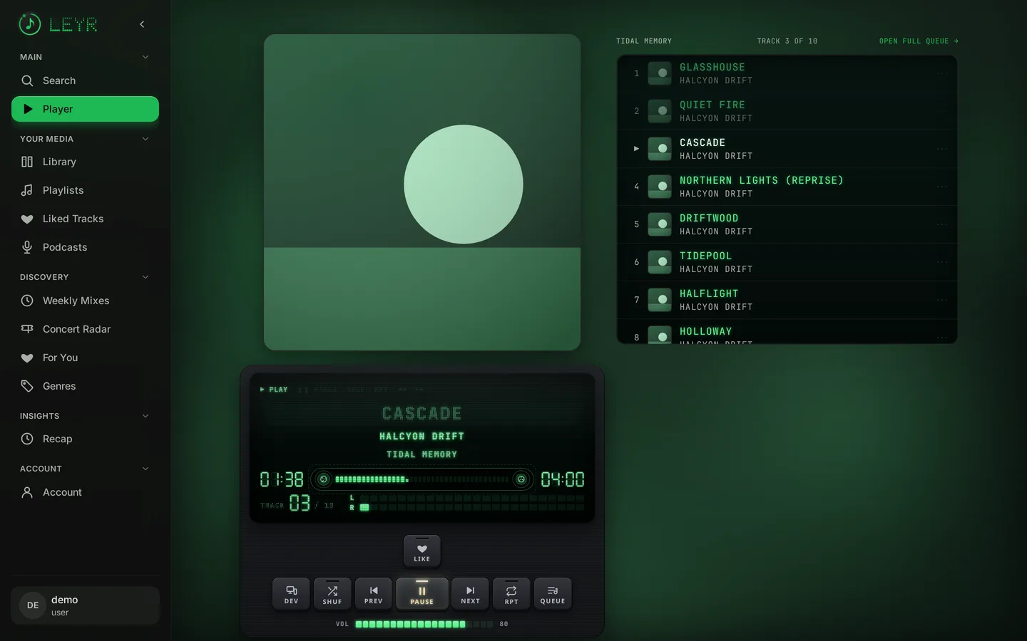 Leyr full player with album art colours and visualizer