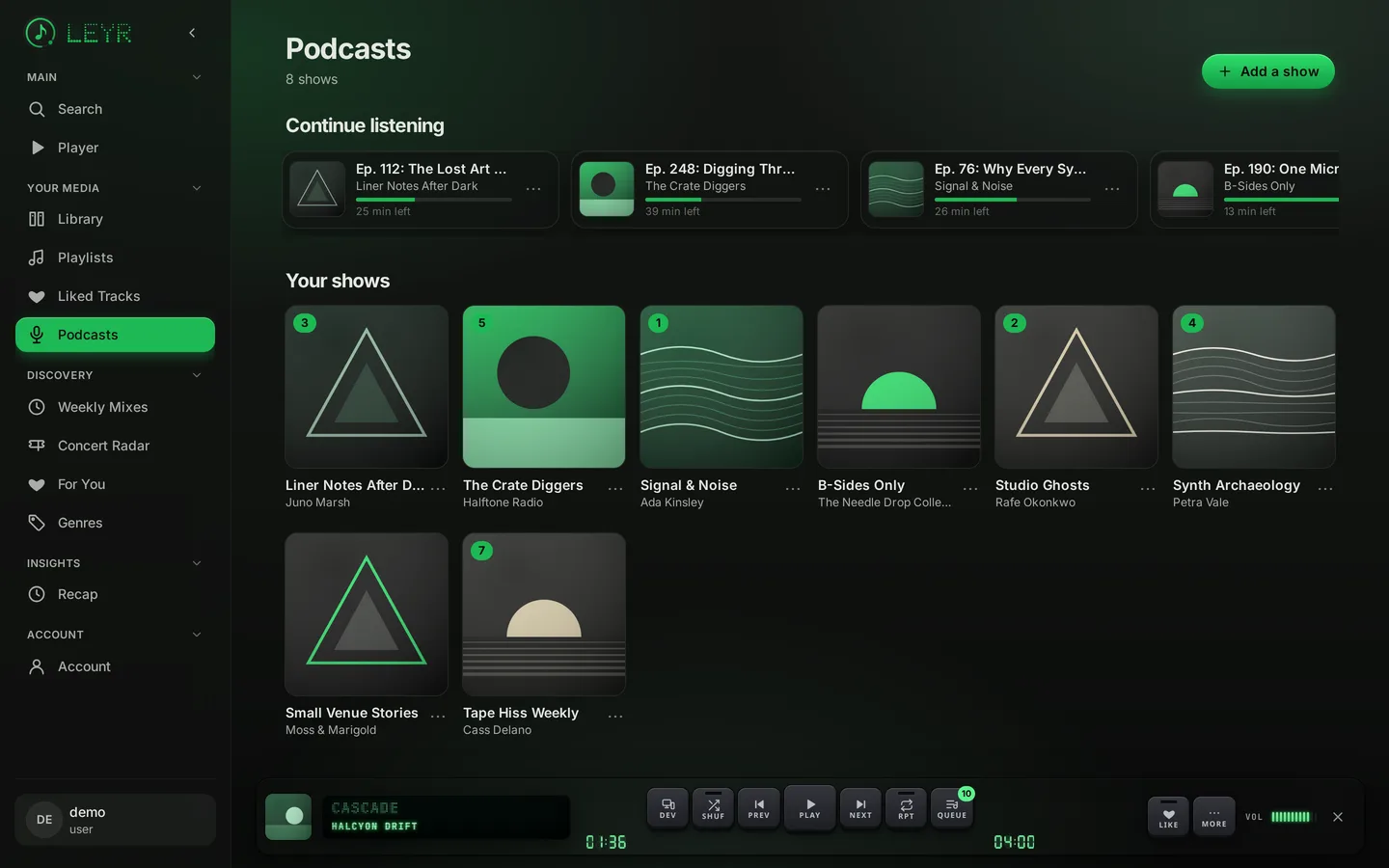 Podcasts with a continue-listening row